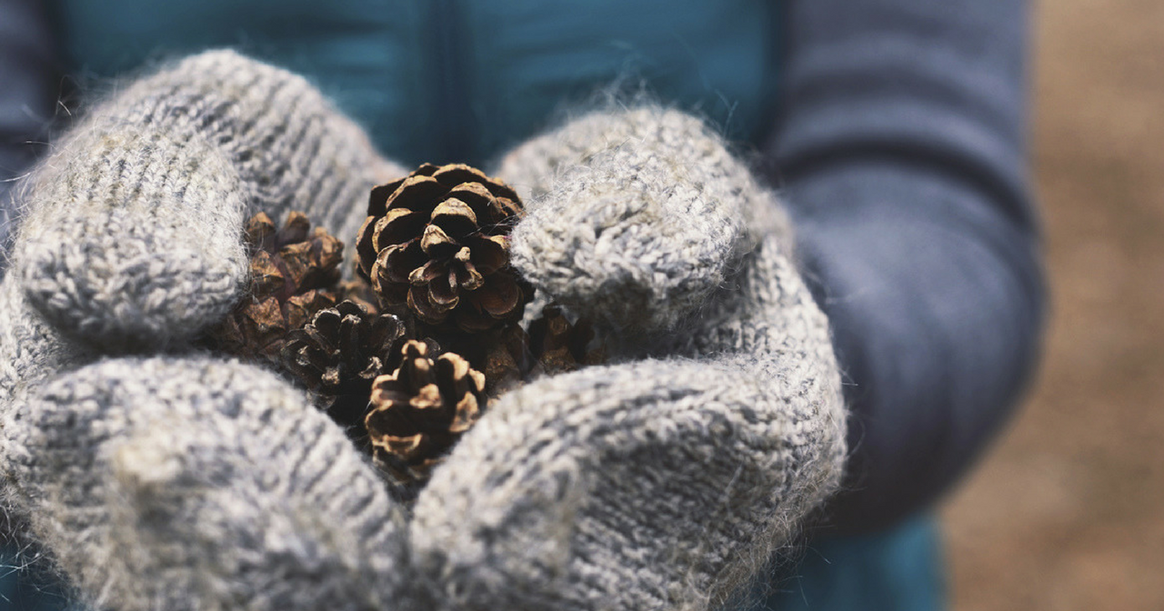 hands with mittens holding pinecones