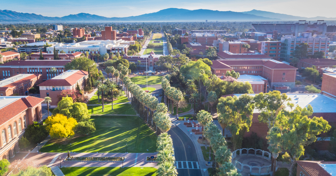 An aerial view of a college campus