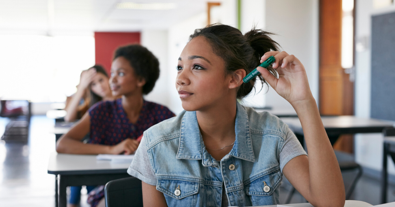 A teenage girl sits at a desk in a classroom and learns. 