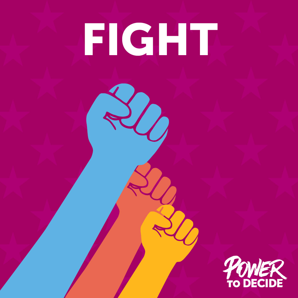 Three raises fists and the word FIGHT