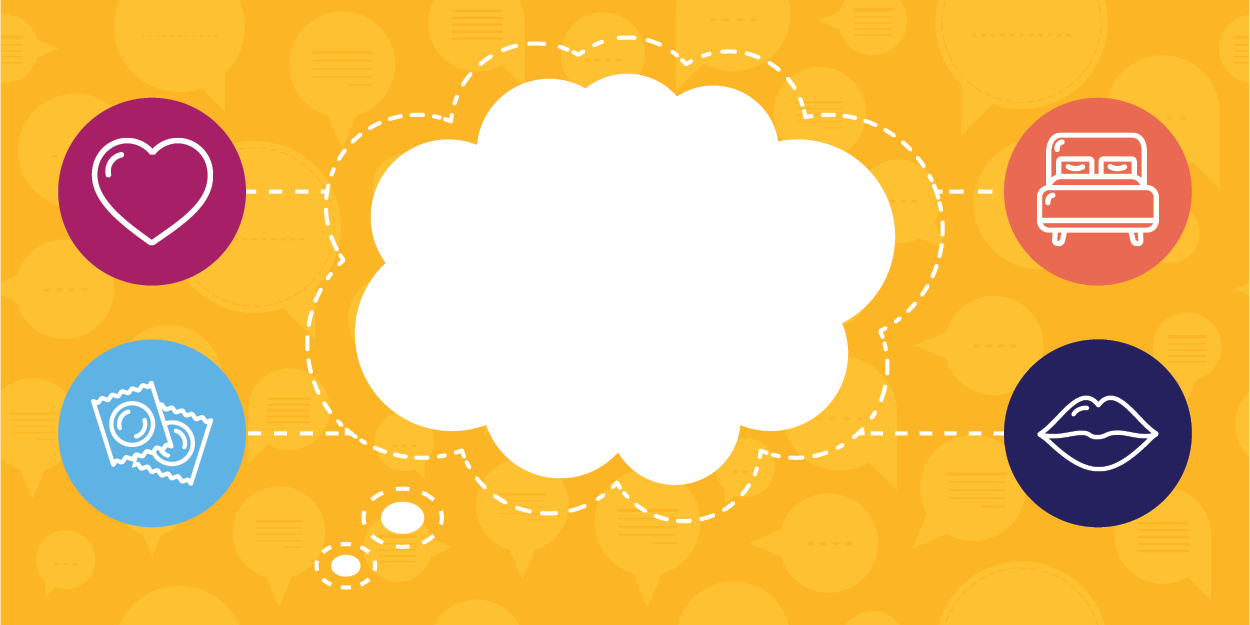 An image of a blank thought bubble with icons for a heart, condom, bed, and lips surrounding it. 