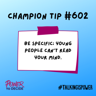 A graphic of a post-it with a champion tip, "Be specific: young people can't read your mind.."
