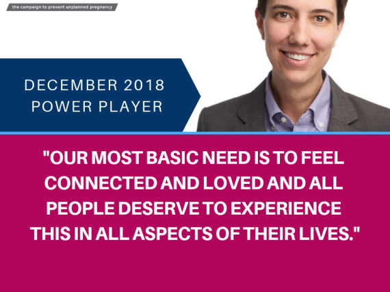 A headshot of Schuster with a quote, "Our most basic need is to feel connected and loved and all people deserve to experience this in all aspects of their lives."