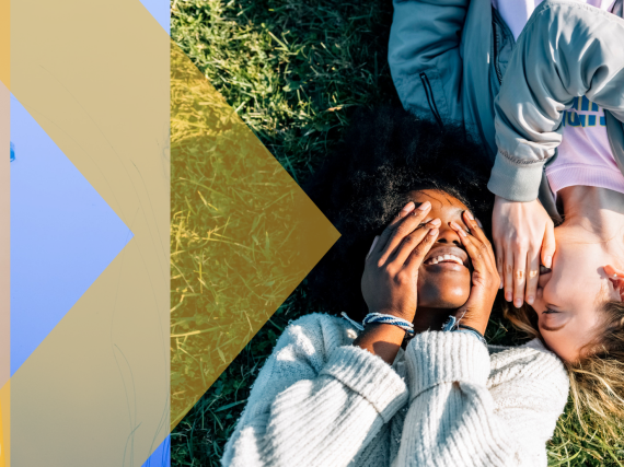 A portrait of a young woman and another of two friends laughing and telling secrets