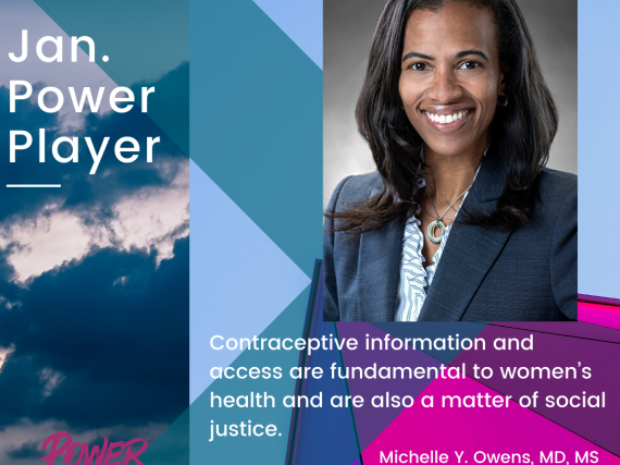 Head shot of Owens and a quote, "Contraceptive information and access are fundamental to women’s health and are also a matter of social justice."