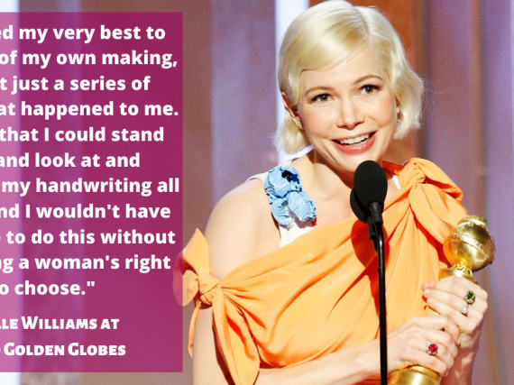 A photo of Michelle Williams giving her 2020 Globes speech and a transcript from the speech. 