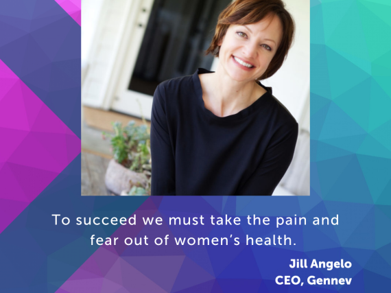 A headshot of Angelo with a quote from the interview, "To succeed we must take the pain and fear out of women's health."