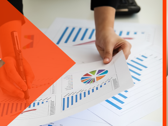 An image of two hands holding papers with bar and pie graphs next to a photo of a hand highlighting a book. 