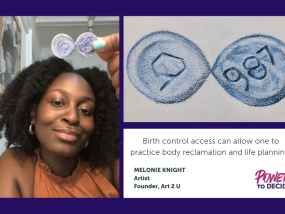 An image of Melonie Knight, her birth control sticker, and a quote from her interivew.