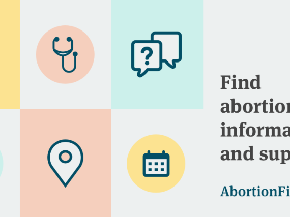A series of 6 icons next to the words, "Find abortion care, information, and support. AbortionFinder.org."