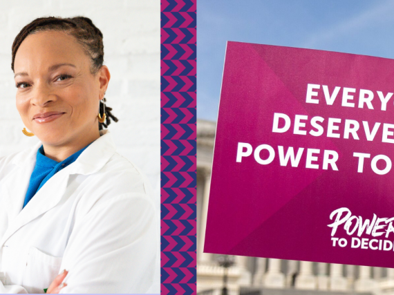 Photo of CEO Dr Raegan next to a protest sign that reads, "everyone deserves the power to decide."