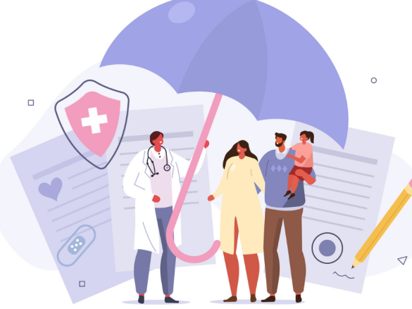 A drawing of a doctor holding an umbrella over a family with medical bills and paperwork looming behind them. 